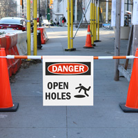 Cone Bar Barricade Sign: Danger Open Holes