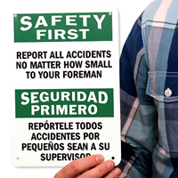 Bilingual Safety First Report All Accidents Signs