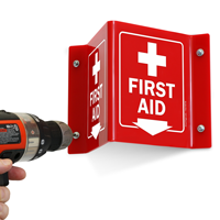 Red down arrow first aid sign