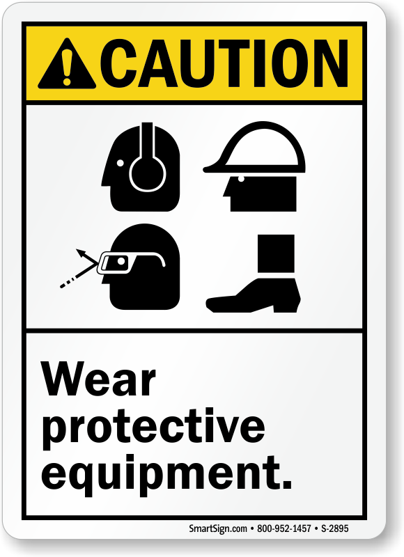 Weatherproof Plastic Vertical ANSI CAUTION Construction Area Wear PPE Sign with English Text and Symbol 