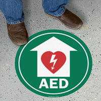 AED with Defib Heart, Red Border Floor Sign