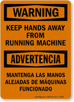 Bilingual Keep Hands Away From Running Machine Sign