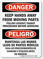 OSHA Bilingual Keep Hands Away Moving Parts Sign
