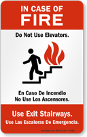 Bilingual In Case Of Fire Stair Symbol Sign