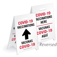 COVID-19 Vaccinations Bilingual with Up Arrow Sign