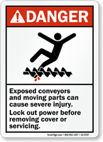 Exposed Conveyors Cause Injury Lock Out Power Sign