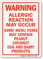 May Contain Peanut, Coconut, Egg, Dairy Products Sign