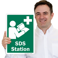 Safety sign for SDS station with visual representation