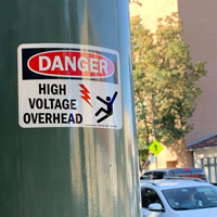 High voltage overhead danger sign